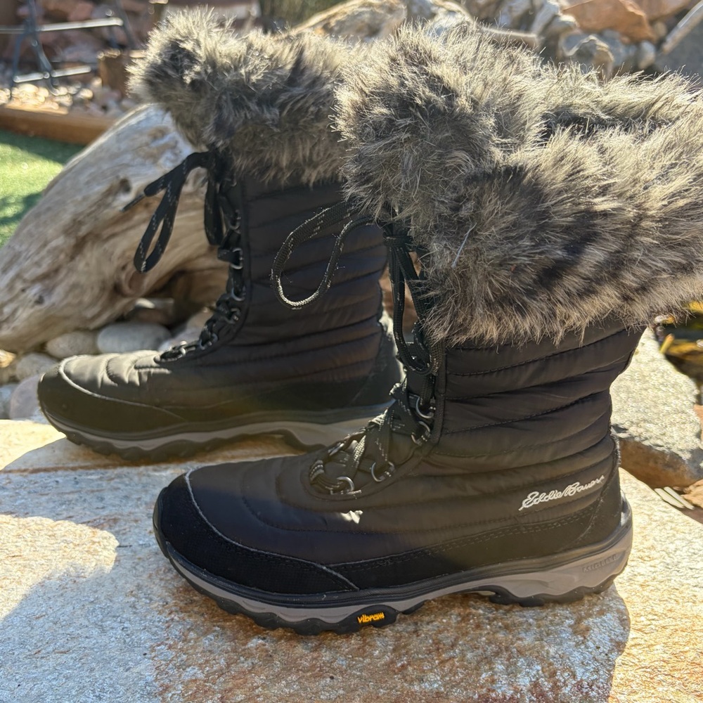 Eddie Bauer Faux Fur Winter Snow Boots Womens 7.5 Black Lace Up